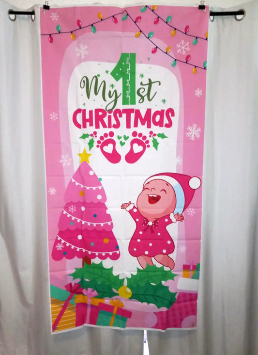 Pink First Christmas Door Cover, 35 x 70 Inch