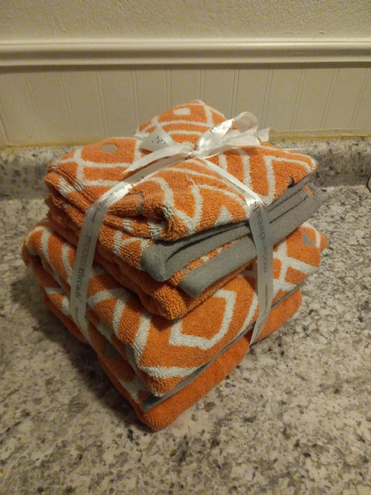 MODERN THREADS 6-Piece Oxford Stripe Jacquard/Solid Ultra Soft Towel Set [Coral]
