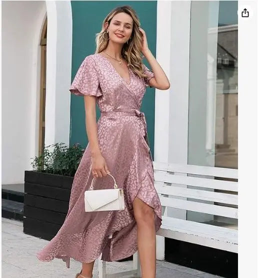 MIESSIAL Women's Summer Chiffon V Neck Ruffle Maxi Dress Polka Dot Long Beach Wrap Dress, pink, size 14
