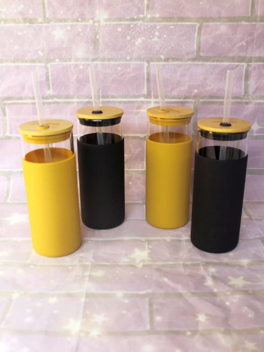 Tronco Glass Water Bottle with Straw, Bamboo Lid, pack of 4 – 2 Black and 2 Amber