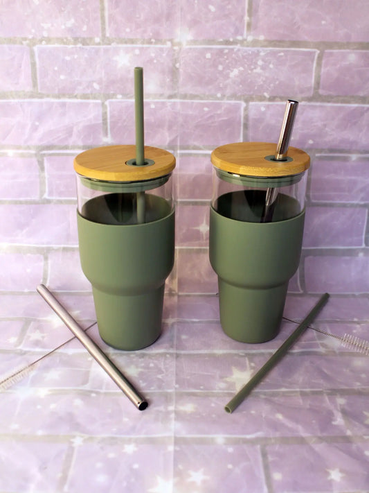 Glass Tumbler with Silicone Sleeve, Olive, 32oz, 2 pack