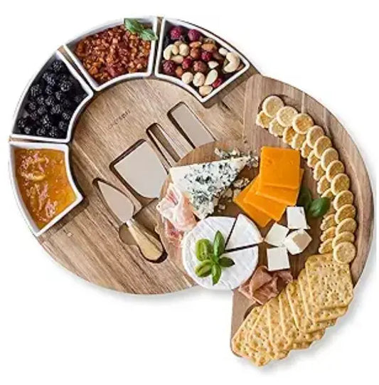Charcuterie Cheese Board And Platter Set  - 13 inch cheese cutting board and platter with knife for entertaining and serving with 4 knives and 4 bowls. Made from acacia wood.