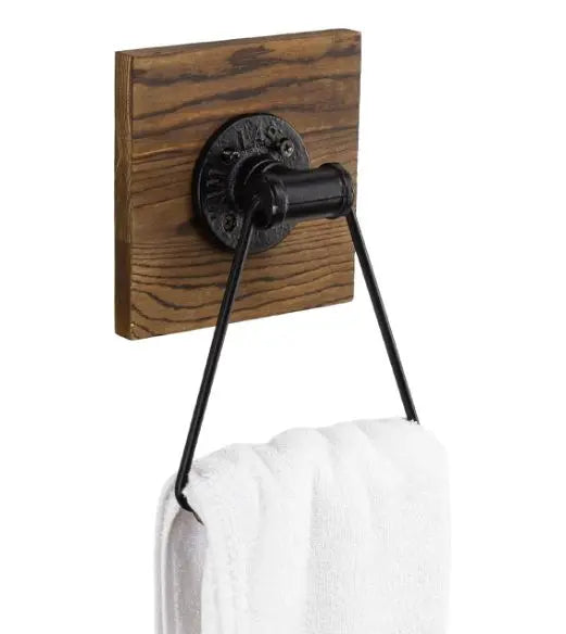 Industrial matte black metal hand towel holder ring with rustic solid burnt wood wall backing