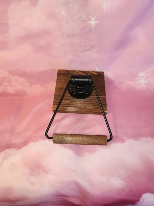Industrial matte black metal hand towel holder ring with rustic solid burnt wood wall backing
