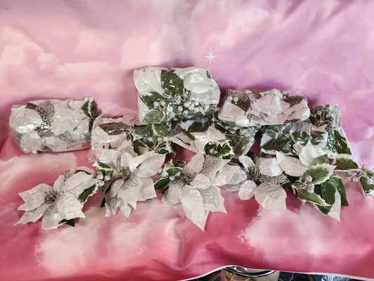 Prelit Poinsettia Christmas Garlands, silver white and green, battery operated, 9 pcs – each 3ft long