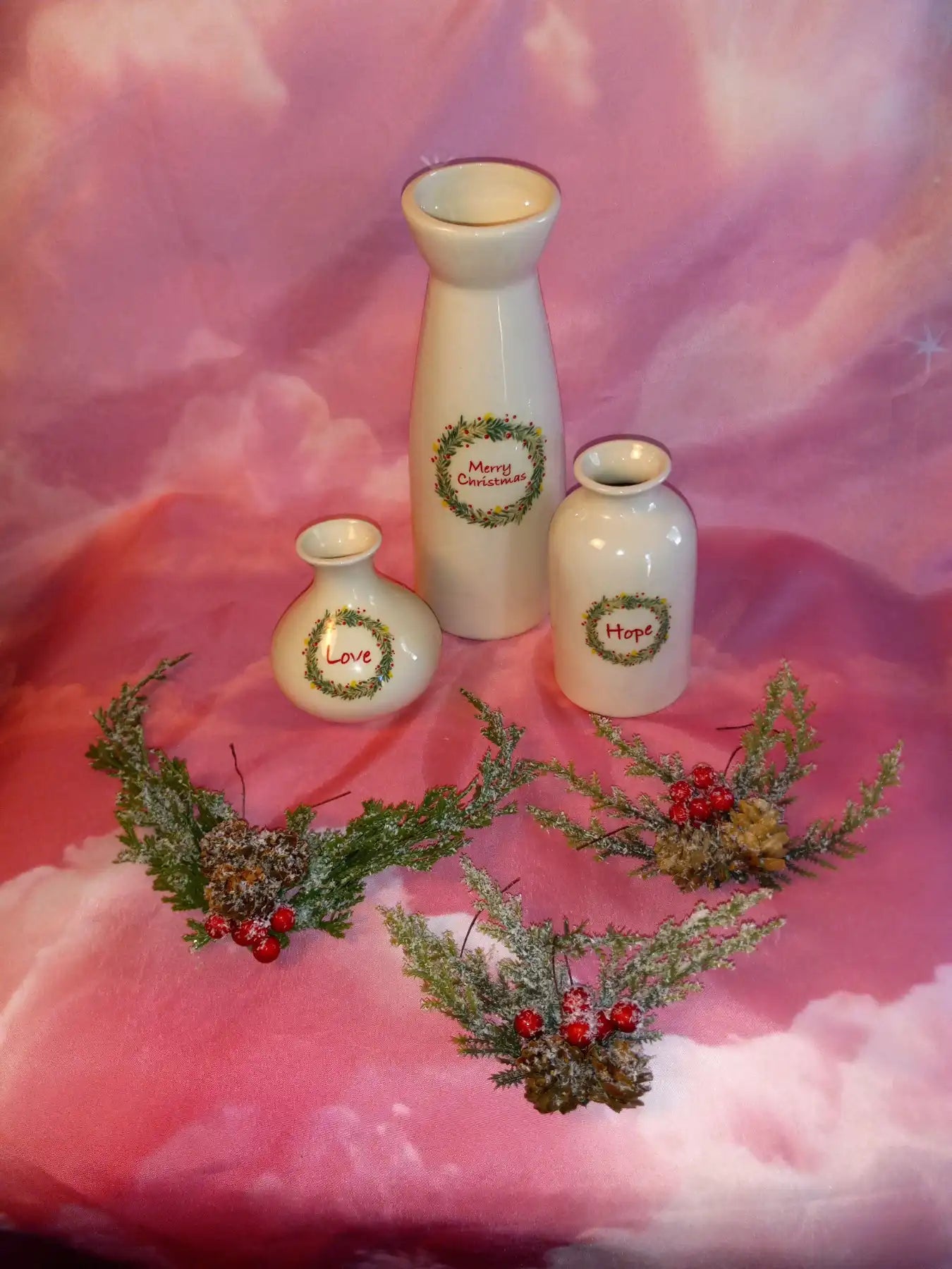 Christmas Vases Set Of 3  - 3pc Christmas vases decor set 6"L x 4"W x 8"H
