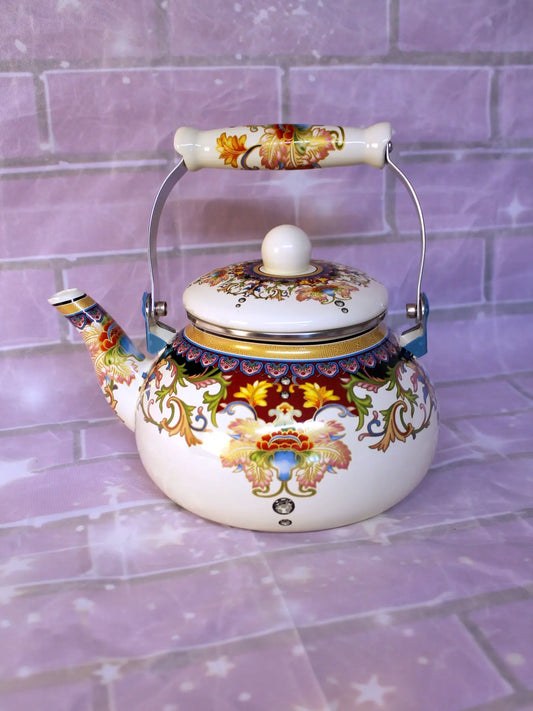 Olytaru Ceramic Enamel Tea Kettle  - Porcelain Tea Kettle 2.4L - White and Floral