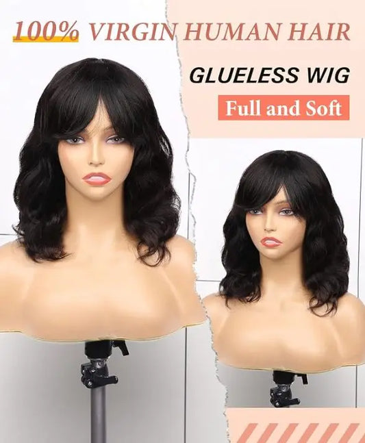 Wignee Natural Wave Wig - 12in Natural Wave wig with bangs 100% Real Brazilian Hair. Color-Black