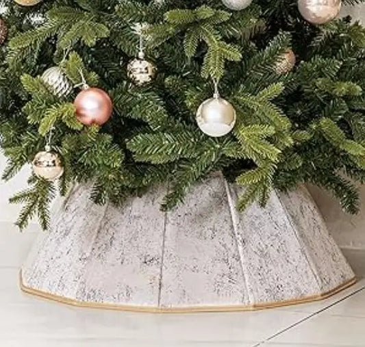 Blissun Fabric Christmas Tree Collar - Color Concrete Beige, 15.7 Inches diameter with a drawstring closure.