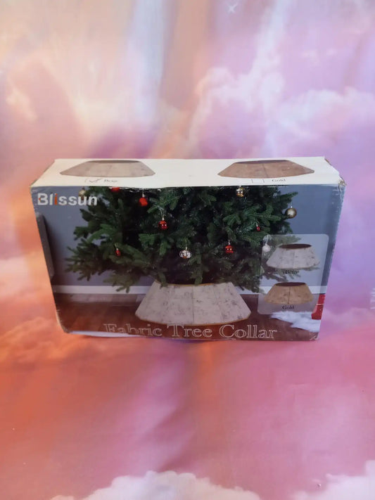 Blissun Fabric Christmas Tree Collar - Color Concrete Beige, 15.7 Inches diameter with a drawstring closure.