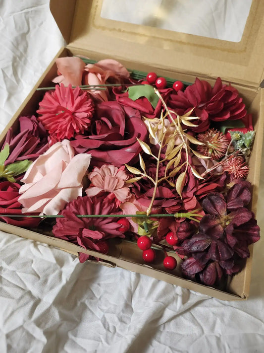 Artificial Burgundy Flowers Box Set - Artificial burgundy flowers box set, 9.84"d x 9.84"w x 2.76"h