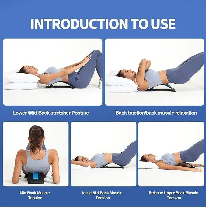 Magic Back Support - Magic back support back stretching device, multi-level lumbar support stretcher spinal, lower and upper muscle pain relief (black/blue)