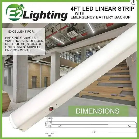 4ft LED Shop Light with Battery Backup - 4ft linear strip w/ emergency battery 5000k 8w EBBU, 5324 lumens output