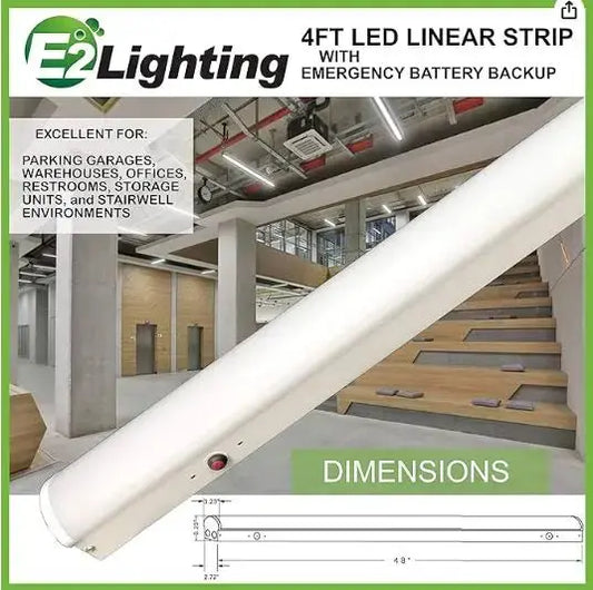 4ft LED Shop Light with Battery Backup - 4ft linear strip w/ emergency battery 5000k 8w EBBU, 5324 lumens output